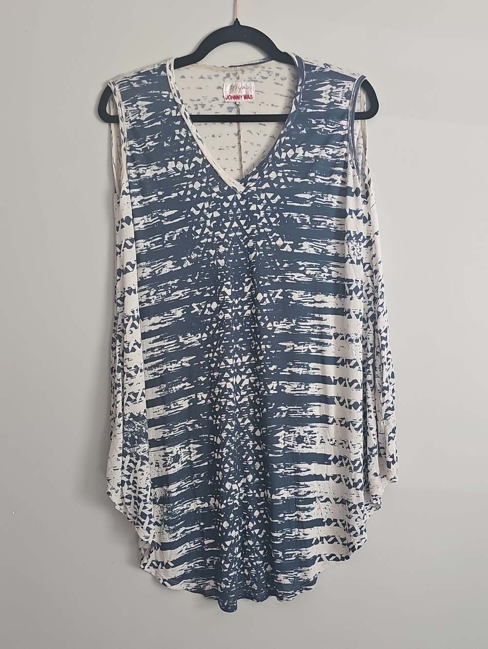 Johnny Was Navy and White Sleeveless V-Neck Tunic with Abstract Stripes